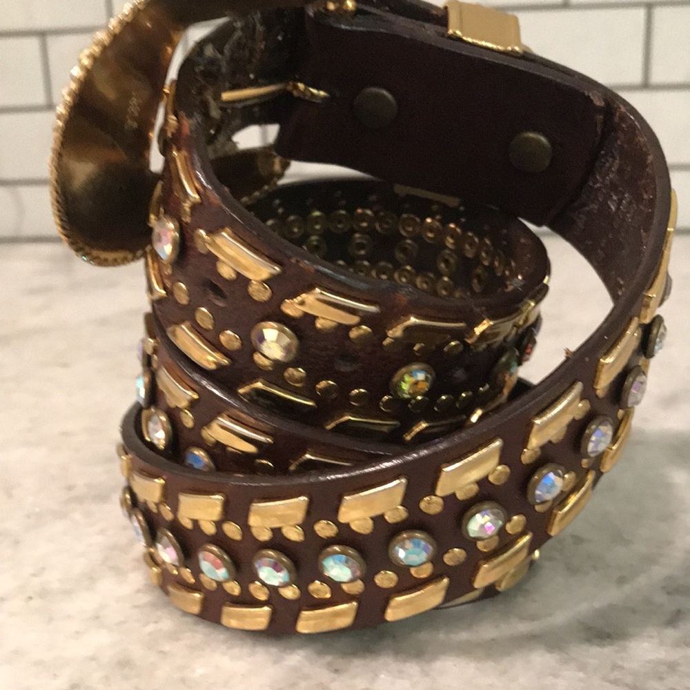 Nocona Rhinestone Belt Womens Medium Brown Gold Tone Buckle Bling Cowgirl Rodeo - Picture 2 of 8